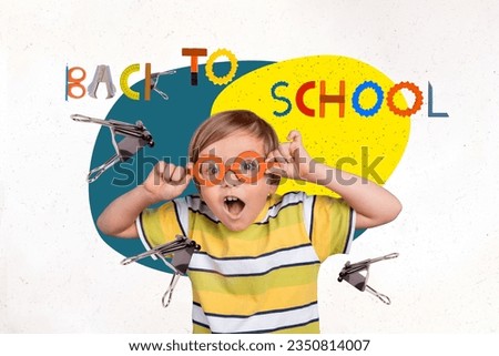 Creative collage of impressed boy hands touch glasses open mouth back to school supplies isolated on white background