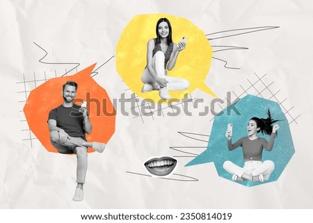 Artwork collage image of black white effect mini people inside dialogue bubble chatting use smart phone talking mouth isolated on drawing background