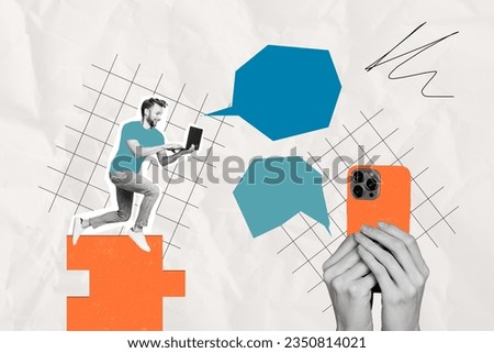 Creative collage of black white effect arms hold smart phone mini guy run jump use netbook chatting dialogue bubble isolated on paper background