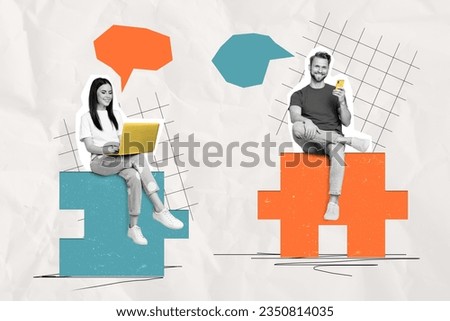 Artwork collage image of mini black white effect people sit puzzle pieces use netbook smart phone dialogue bubble isolated on paper background Royalty-Free Stock Photo #2350814035