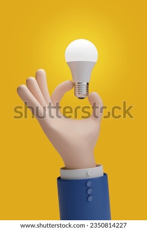 Cartoon hand holding a light LED bulb isolated in white background. 3d illustration.