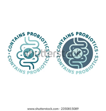 Contains probiotics colorful vector label. Bowels, intestines microbiome or microflora good bacteria icon. Royalty-Free Stock Photo #2350815089