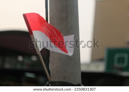 Isolated small red and white plastic flag tied on white painted flag pole. Blurred green basketball board background. 