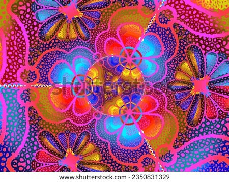A hand drawing pattern made of yellow red fuchsia orange and blue