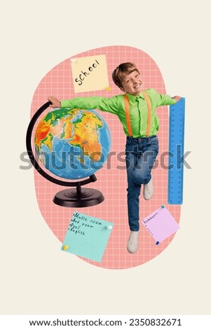 Vertical collage picture of funny mini boy hands hold huge planet earth world globe ruler memo sticker schedule planning