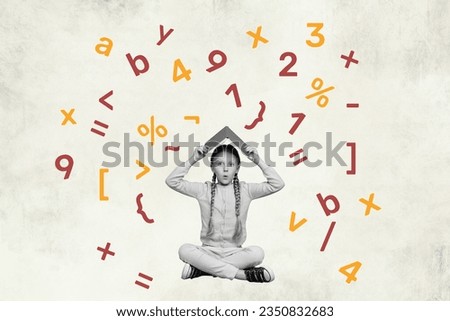 Photo collage of surprised omg little schoolgirl cover head against numbers dont like mathematics afraid isolated on beige background