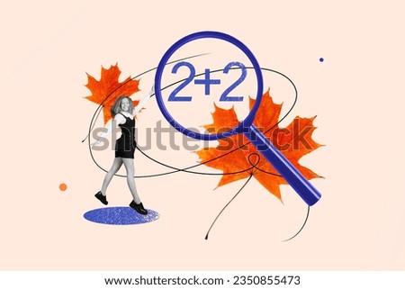 Creative collage picture of mini black white colors happy girl jump huge magnifier lens maths fallen maple leaves isolated on beige background