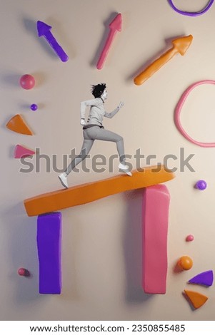 Vertical photo 3d collage picture of positive black white colors girl running arrow pointer indicator isolated on creative background