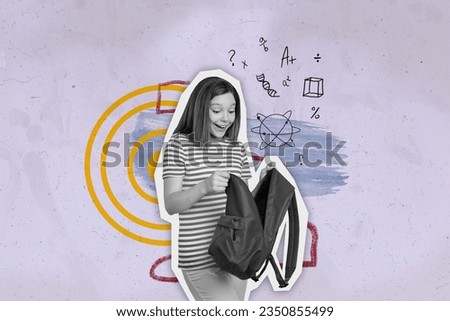 Collage picture of astonished black white colors girl hold opened backpack drawing mind grade geometric figures chemistry darts board target