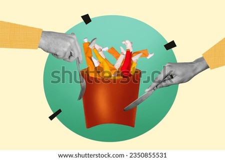 Picture banner collage of carton box french fries many people inside restaurant delivery service isolated on painted background