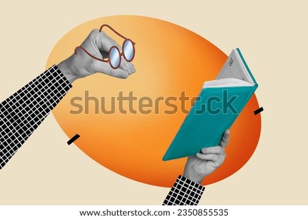 Collage sketch template caricature of hands fingers imaginary human face read interesting book isolated on painted background Royalty-Free Stock Photo #2350855535