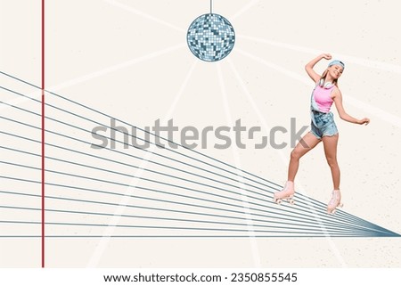 Poster artwork picture collage of cheerful happy girl dancing night club riding rollers isolated on painted white color background