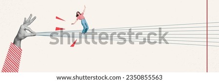 Horizontal poster collage picture of human arms fingers hold rope small girl walking keep balance isolated on painted background