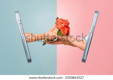 Couple of hands holding flowers as gifts while having a romantic moment during a virtual date during a long-distance relationship Royalty-Free Stock Photo #2350863527