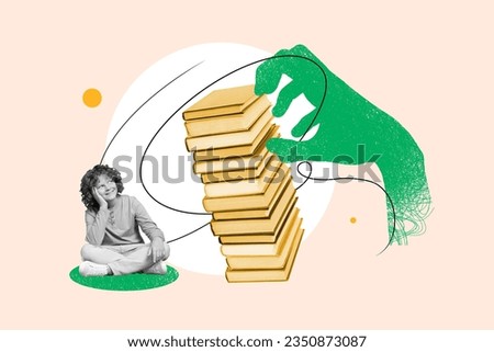 Collage picture of min minded black white colors kid think huge drawing monster arm pile stack book isolated on creative background