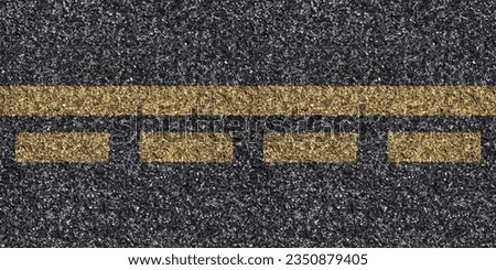 Seamless asphalt texture with dual yellow unbroken and interrupted lines at the center for lane division and controlled overtaking, grunge tarmac surface with double stripes, road maintenance concept