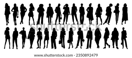 Set of different business women Silhouettes. Modern business ladies standing, walking full length. Monochrome outline black Vector illustration isolated on white background . Avatar, icon, symbol