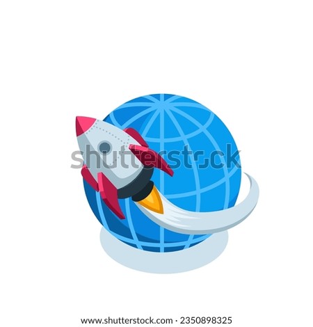 isometric rocket flies around the globe in color on a white background, startup or earth orbit entry