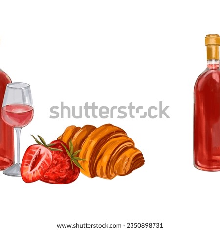 Watercolor pattern Paris on a white background, wine and croissant, wine splashes, strawberries, romantic dinner, France. Travel watercolor background