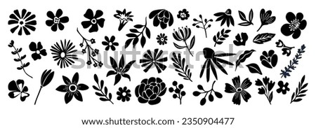 Set of flower and leaves silhouettes. Hand drawn floral design elements, icons, shapes. Wild and garden flowers, leaves black and white outline illustrations isolated on white background