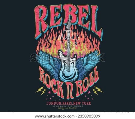 Rebel rock music poster. Wild and free t-shirt design. Rock and roll vector graphic print design for apparel, stickers, posters, background and others. Guitar with wing artwork. Royalty-Free Stock Photo #2350905099