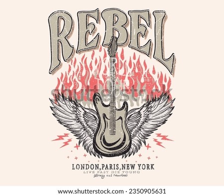  Guitar with wing artwork. Rock and roll vector graphic print design for apparel, stickers, posters, background and others. Rebel rock music poster. Wild and free t-shirt design.  Royalty-Free Stock Photo #2350905631