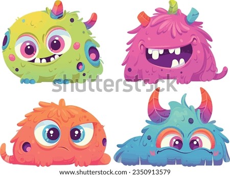 EPS vector file showcasing four adorable, vibrant little monsters. Each creature radiates charm, exuding cheerful and comical expressions. Far from frightening, they're irresistibly cute and jovial. Royalty-Free Stock Photo #2350913579