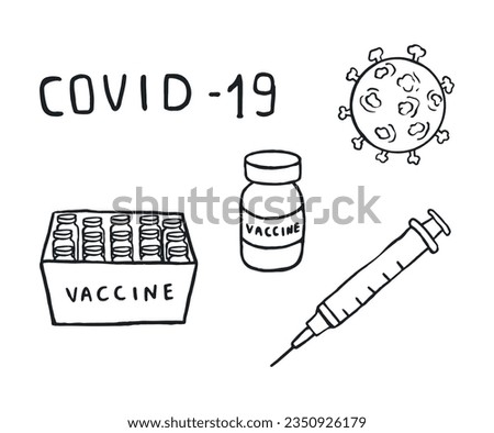 Coronavirus vaccination, hand-drawn doodle. vaccine box, syringe, virus. Vector illustration Royalty-Free Stock Photo #2350926179