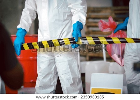 Area Closed or Keeping Area with Barrier Tape for Chemical Spill Clean-up, Dangerous Zone, Part of Steps for Dealing with Chemical Spillage, Spill Clean-up Procedures. Royalty-Free Stock Photo #2350930135