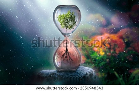 Earth Day or World Environment Day concept. Save our Planet and forest, restore and protect Green Nature, global warming and Climate change theme. Live and dry tree in Hourglass in garden.