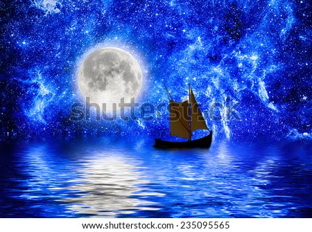 moon and stars and boat reflects into water. Elements of this image furnished by NASA