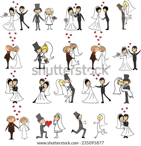 Set of wedding doodle pictures, bride and groom in love, the vector 