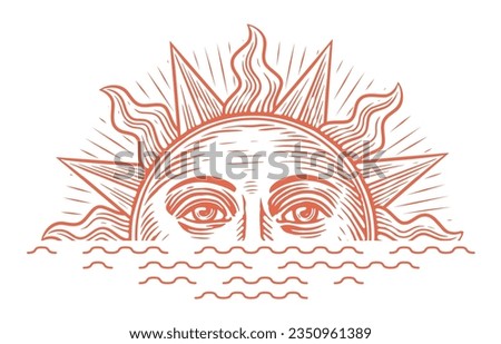 Sunrise illustration engraving style. Vintage sketch vector with rising sun and sea waves Royalty-Free Stock Photo #2350961389