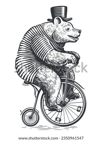 Funny bear rides a retro bike. Circus performance, fair show. Vintage sketch vector illustration engraving style Royalty-Free Stock Photo #2350961547