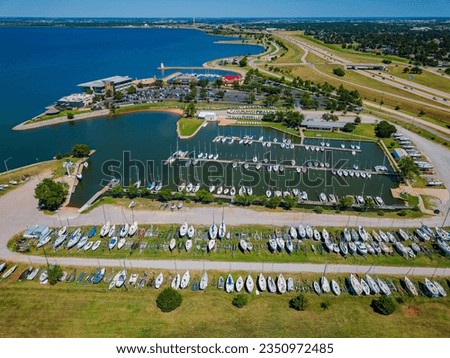 Aerial view of the Oklahoma City Boat Club Inc near Lake Hefner at Oklahoma Royalty-Free Stock Photo #2350972485