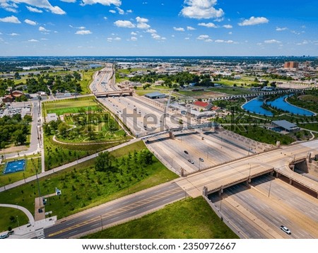 Aerial view of Skydance Bridge and cityscape at Oklahoma
