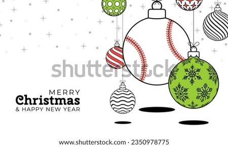 Baseball christmas greeting card in trendy line style. Merry Christmas and Happy New Year outline cartoon Sports banner. Baseball ball as a xmas ball on white background. Vector illustration..
