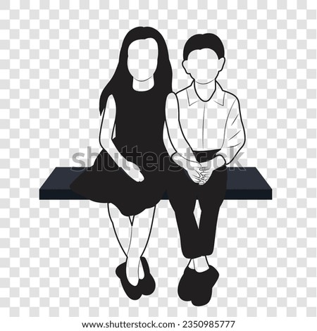 Black Silhouette of children's boy and girl sitting on bench table isolated on transparent grid background