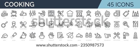 Set of 45 outline icons related to cooking, kitchen. Linear icon collection. Editable stroke. Vector illustration Royalty-Free Stock Photo #2350987573