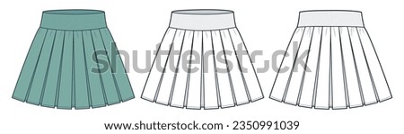 Pleated Skirt technical fashion illustration, green design. Mini Skirt fashion flat technical drawing template, rib waistband, front, back view, white, women CAD mockup set. Royalty-Free Stock Photo #2350991039