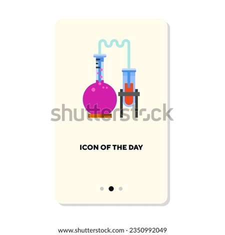 Chemical experiment on white background. Liquid boiling in flask distilling to tube cartoon illustration. Chemistry, lab, study, research concept. Vector illustration symbol elements for web design