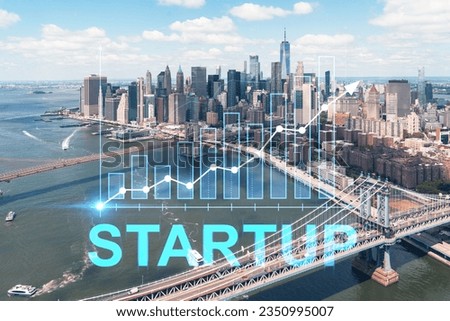Aerial panoramic city view of Lower Manhattan. Brooklyn and Manhattan bridges over East River, New York, USA. Startup company, launch project to seek and develop scalable business model, hologram