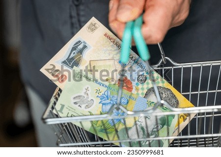 Romania Money in Shopping Cart. A man holding a basket with Romanian lev banknotes in his hand. financial and economic concept. Rising prices, falling purchasing value of money in Romania Royalty-Free Stock Photo #2350999681