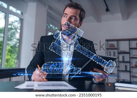Considered businessman in formal wear signing contract holding tablet device at office room with papers. Concept of successful business deal, agreement, partnership, documents. Legal and law icons.