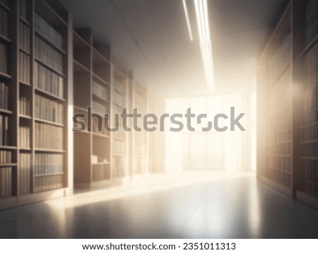 Beautiful blurry background of bookshelf in a bright library with panoramic windows and beautiful lighting.