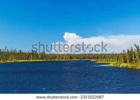 Tranquil blue lake during summer near Yellowknife, Northwest Territories, NT Canada Royalty-Free Stock Photo #2351022087