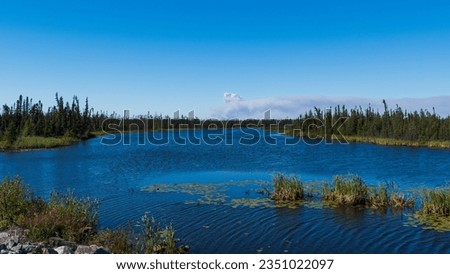 Tranquil blue lake during summer near Yellowknife, Northwest Territories, NT Canada Royalty-Free Stock Photo #2351022097