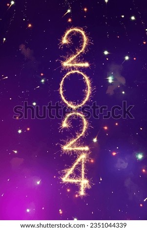 Happy New Year 2024. Abstract Vertical holiday web banner with Golden sparkling number 2024 on purple Festive background. Art Beautiful New Year billboard