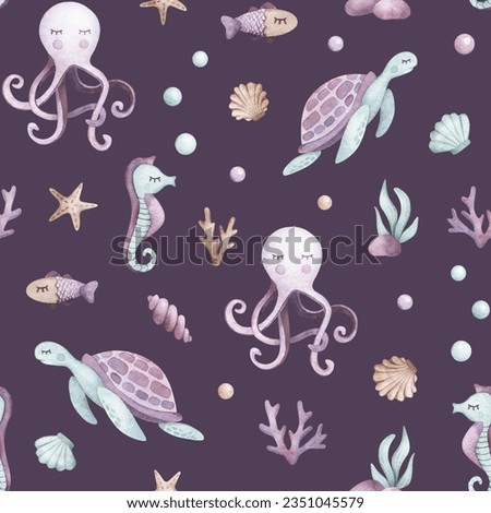 Watercolor kids seamless pattern. Watercolor jellyfish, sea-horse, coral illustrations. marine animals. For t-shirt print, wear design, baby shower, kids cards, linens, wallpaper, textile, fabric