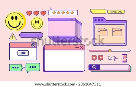 Cute Windows popup element set collection bundle illustration vector clip art template, retro, vintage computer bar, smile, editable